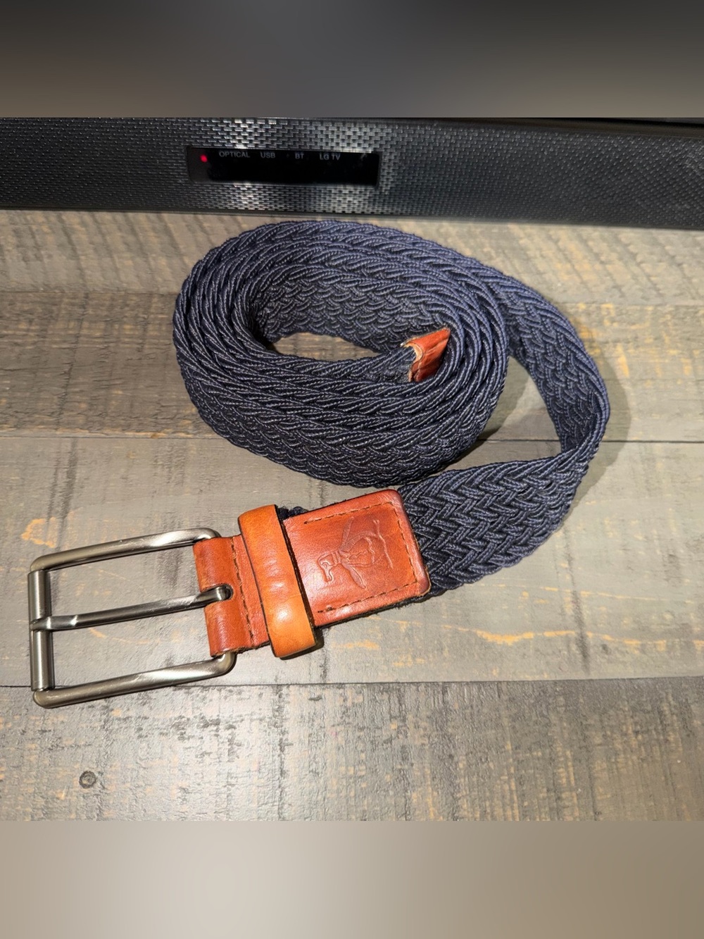 Men's original penguin 34-36 Navy‎ Woven Belt with Brown Leather Trim